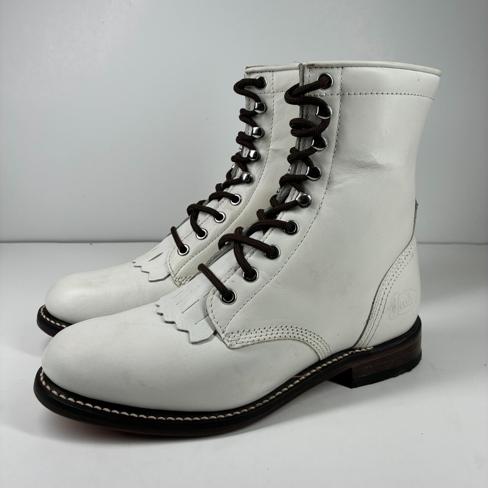 Justin McKean Women's 7.5B White Leather Lace-Up Roper Cowboy Boots Kiltie RP539
